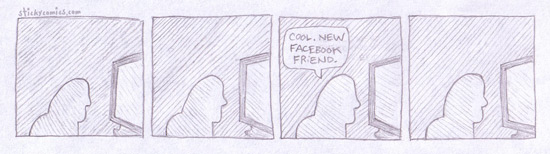 lonely guy in the dark makes a new friend on facebook