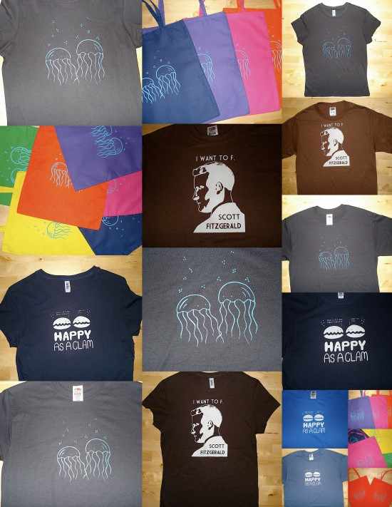 I want to F. Scott Fitzgerald, Happy as a Clam, and Jellyfish t-shirts and tote bags