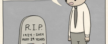 Sad man looks at tombstone. "She died so young," he says. Tombstone reads, "R.I.P. 1924-2024. Aged 29 years."