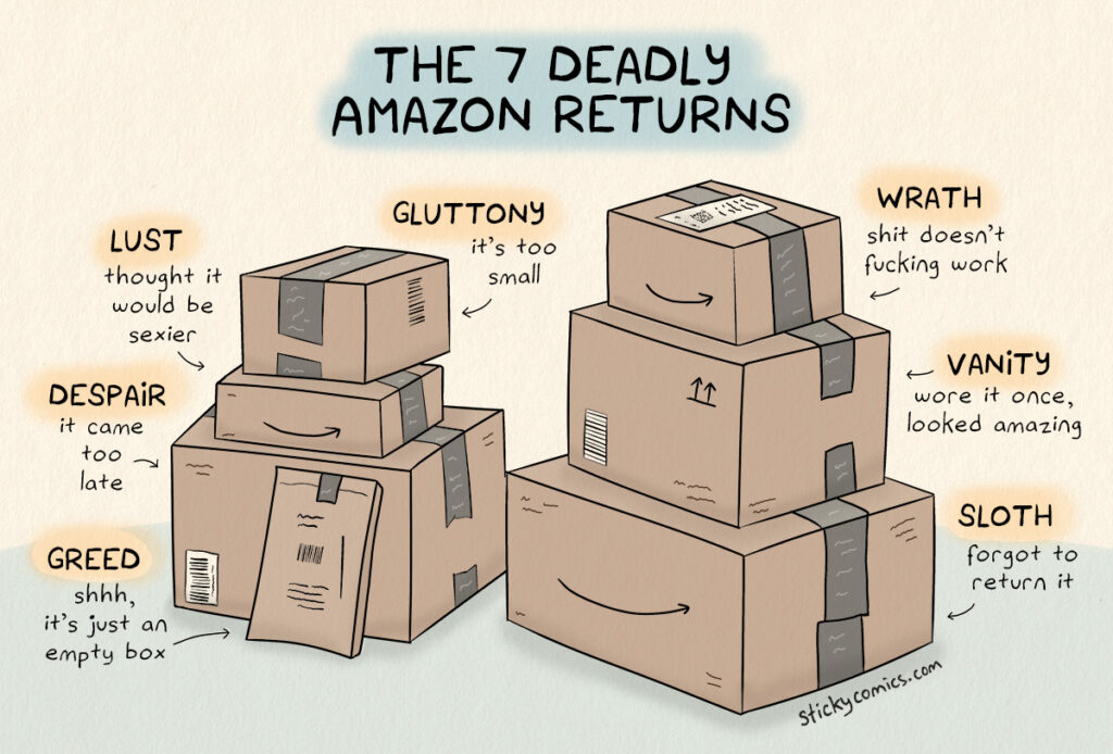 The 7 Deadly Amazon Returns. LUST: thought it would be sexier. GLUTTONY: it's too small. DESPAIR: it came too late. GREED: shhh, it's just an empty box. WRATH: shit doesn't fucking work. VANITY: wore it once, looked amazing. SLOTH: forgot to return it.