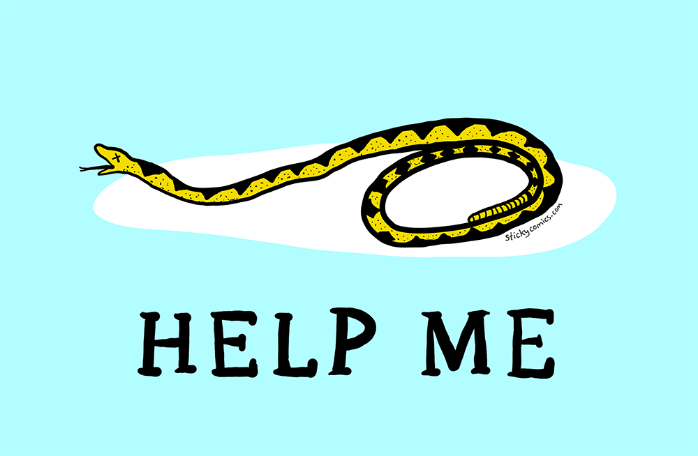 Gasden flag snake ("Don't Tread On Me" snake) is dying out in the cold. "HELP ME"