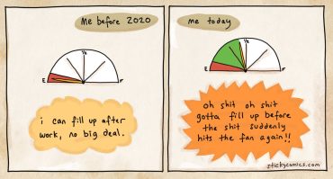 Me before 2020: Fuel tank almost empty. "I can fill up after work, no big deal." Me today: Fuel tank just below half. "Oh shit oh shit gotta fill up before the shit suddenly hits the fan again!!"