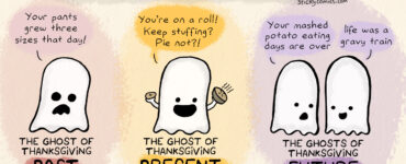 The 3 Ghosts of Thanksgiving. The ghost of Thanksgiving past says, "Your pants grew three sizes that day!" The ghost of Thanksgiving present says, "You're on a roll! Keep stuffing? Pie not?!" The first ghosts of Thanksgiving future says, "Your mashed potato eating days are over." The other replies, "Life was a gravy train."