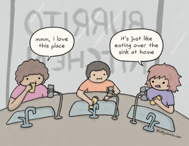 Cartoon: A group sits at a bar in front a window sign that reads BURRITO KITCHEN. They're each eating a burrito over their own sink, with a mobile phone on a mobile phone holder. One says, "mmm, I love this place." Another replies, "It's just like eating over the sink at home."