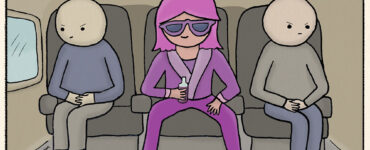 Woman is sitting in the middle seat of an airplane row, spreading out and drinking wine. Two disgruntled people sit on either side, scrunched up away from her. Caption: FIRST CLASS VIBES. Economy rides.