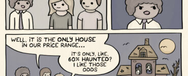 Realtor says to a couple, "The seller has agreed to accept your lowball offer - under the stipulation that... YOU SPEND A SINGLE NIGHT IN THE HOUSE." Couple looks on at a haunted house with a for sale sign. "Well, it is the ONLY HOUSE in our price range," one says, while the other adds, "It's only, like, 60% haunted? I like those odds."