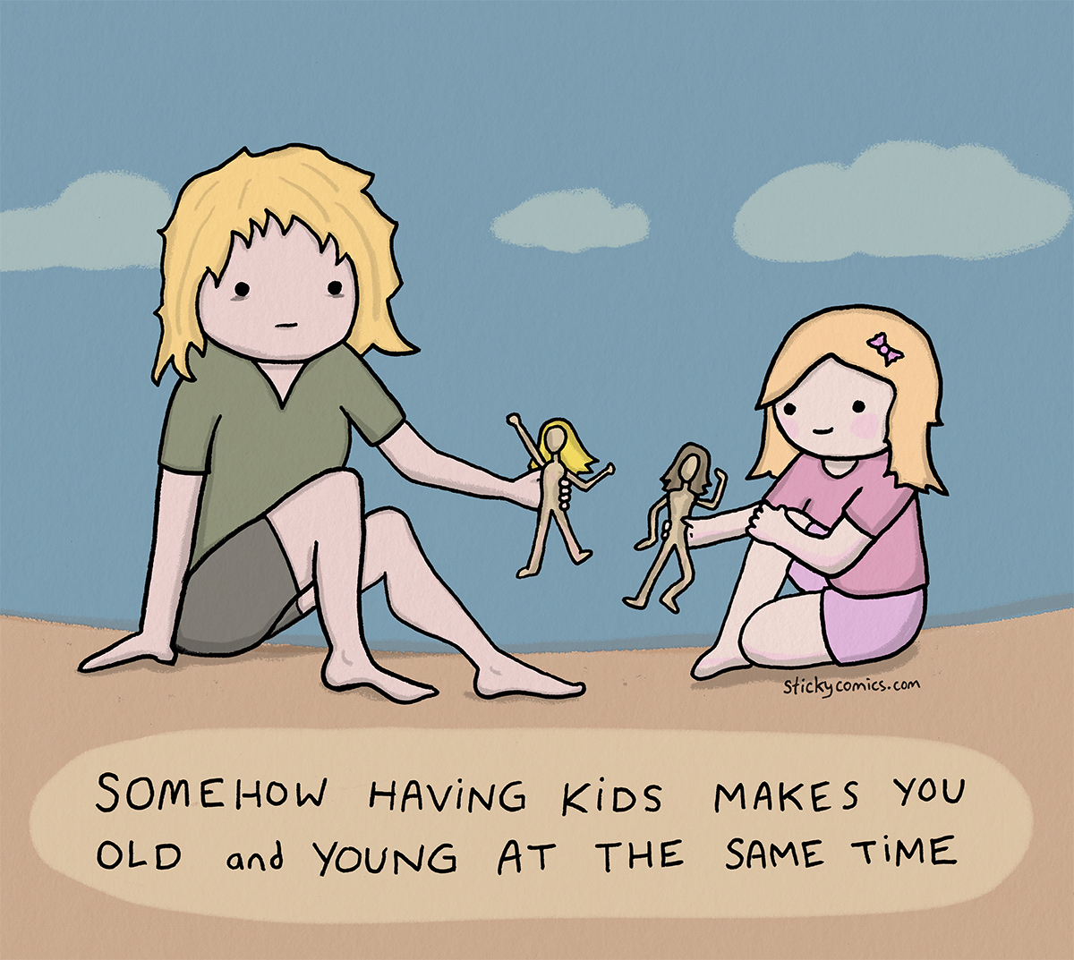 Caption: Somehow having kids makes you old and young at the same time. Picture: Tired, playing with dolls with a little girl. 