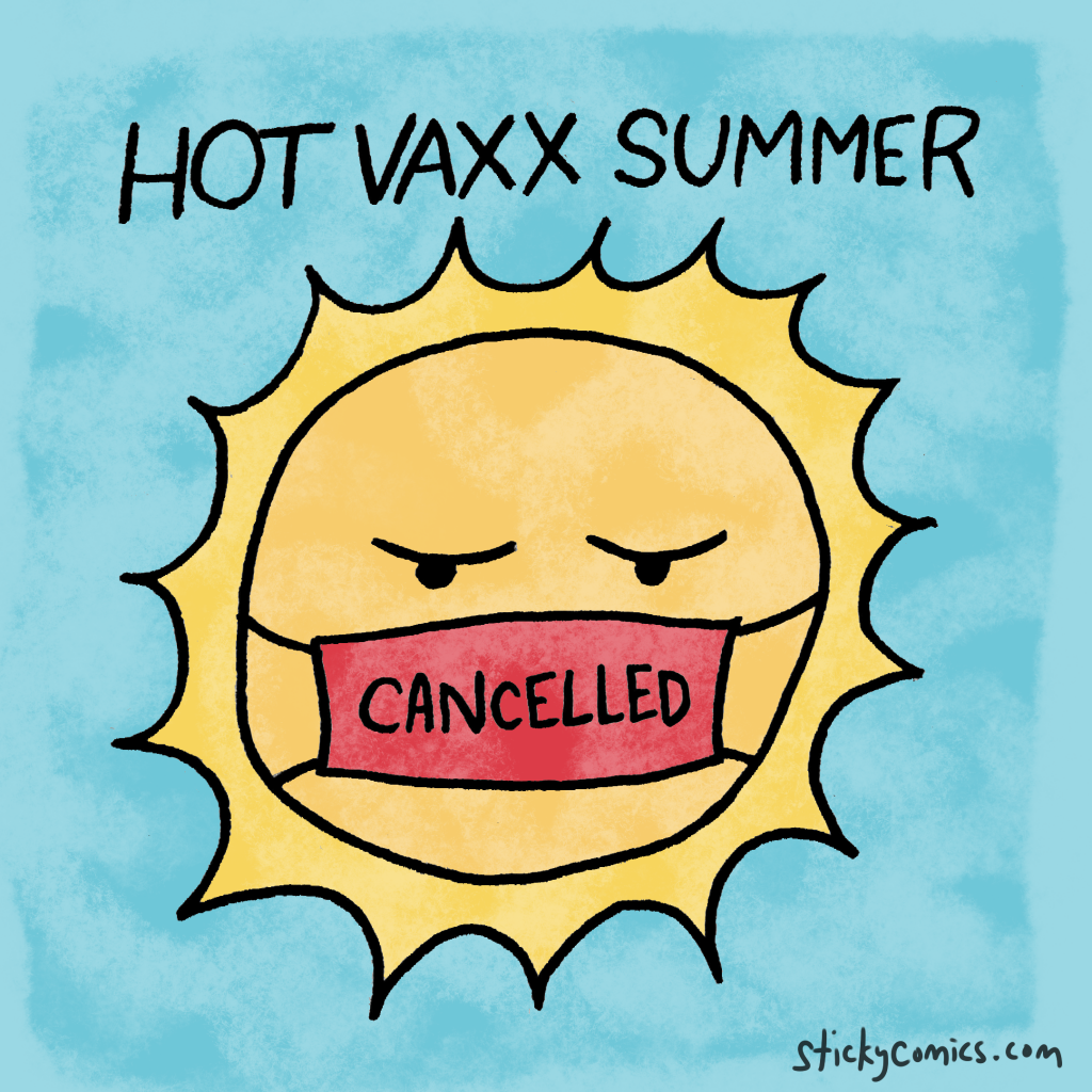 Caption: Hot Vaxx Summer. Sun wears masks that reads "CANCELLED".