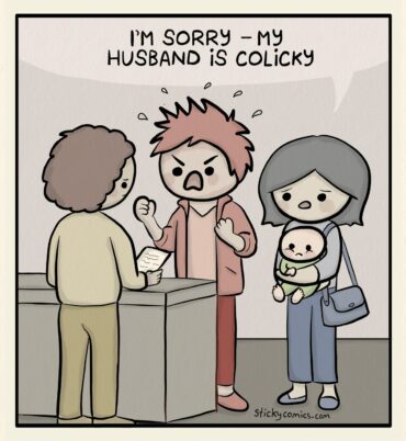 A man yells at a person at a service desk. Woman stands next to him standing baby, saying, "I'm sorry - my husband is colicky."