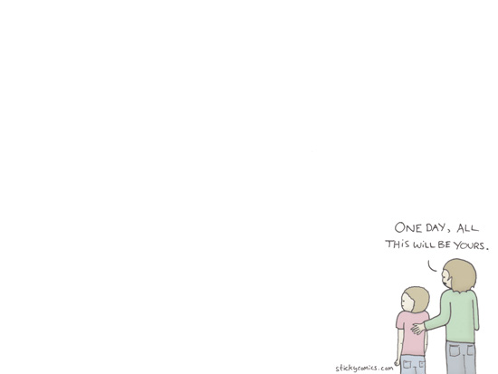 A parent has their arm on a child's back as they look out together into a completely blank, empty space. To the child the parent says, "One day, all this will be yours." 