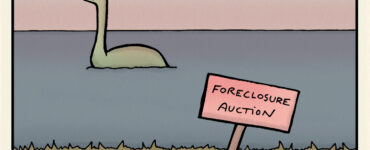 Sad Loch Ness monster is in the water in the background. In the foreground is a sign reading "Foreclosure Auction". The caption reads, "Poor Nessie put it all into cryptozoological currency. Now she was going to lose the loch."