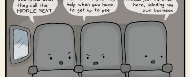 3 seats on an airplane talking to each other. Window seat says to middle seat, "You know what they call the MIDDLE SEAT." Middle seat replies, "winDON'T expect my help when you need to get up to pee." Aisle seat turns away, saying, "AISLE just be over here, minding my own business."