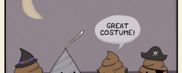 Poop emojis are standing around in Halloween costumes. One is dressed as a Hershey's Kiss. Another in a vampire costume is saying, "Great costume!"