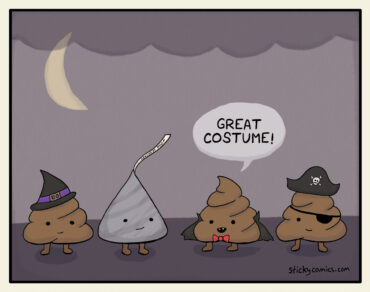 Poop emojis are standing around in Halloween costumes. One is dressed as a Hershey's Kiss. Another in a vampire costume is saying, "Great costume!"