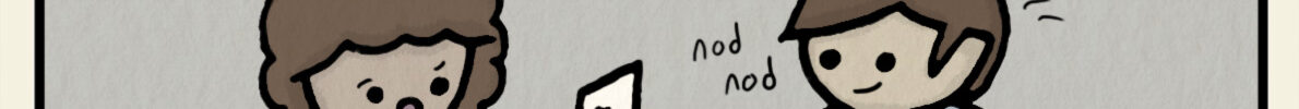 Job interview. Woman: It says here on page 17 of your resume that your "greatest strongth is editing". Man: Nods. Thinks, "dude your doing so good"