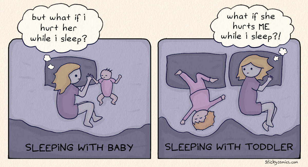 Sleeping with baby: But what if I hurt her while I sleep? Sleeping with toddler: What if she hurts ME while I sleep?!
