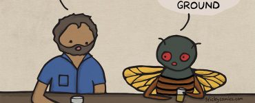 Summer 2021. Man and cicada are at the bar. Man says, "We had to spend an entire year inside." Cicada says, "Try 17 years under the ground."