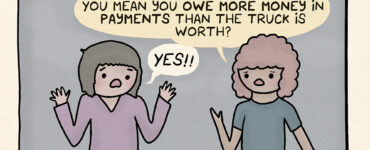 Three panel comic with dialogue between two female characters. **First panel: Personal crisis.** First woman: I crashed my truck! It’s underwater! **Second panel: Economic crisis.** Second woman: You mean you owe more money in car payments than the truck is worth? First woman: Yes!! **Third panel: Climate crisis.** View pans out, truck is crashed into the ocean. First woman again: And I drove into the storm surge!