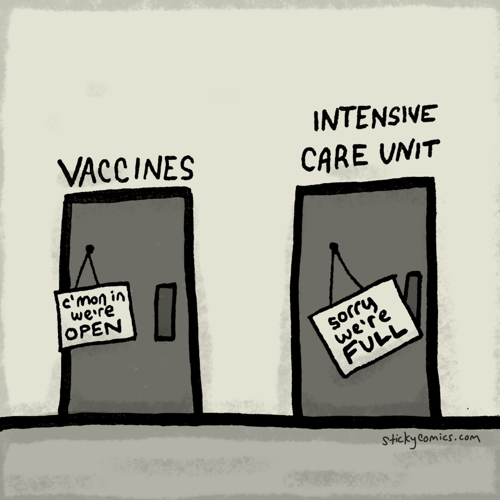 Door 1 is labeled "Vaccines", a sign is posted saying "C'mon in we're open!" Door 2 is labeled "Intensive Care Unit", a sign is posted saying "Sorry We're Full".
