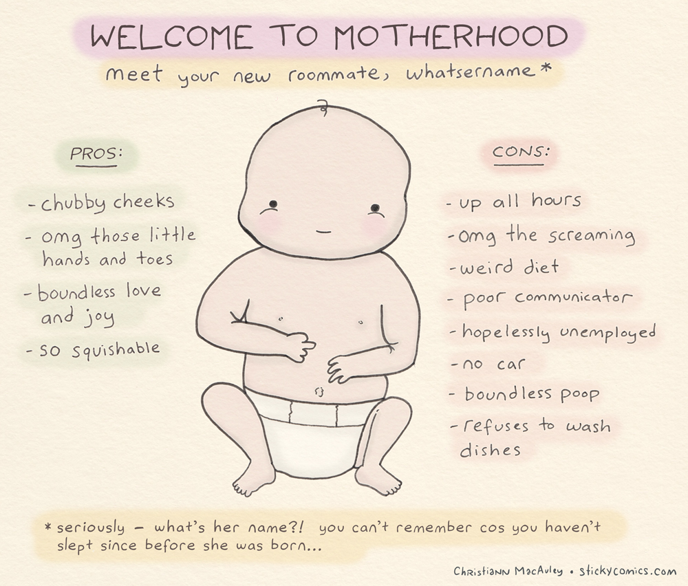 Welcome to Motherhood. Meet your new roommate, whatsername (newborn baby). Pro: Chubby cheeks, omg those little hands and toes, boundnless love and joy, so squishable. Cons: Up all hours, omg the screaming, weird diet, poor communicator, hopelessly unemployed, no car, boundless poop, refuses to wash dishes. Seriously, what's her name? You can't remember because you haven't slept since before she was born. 